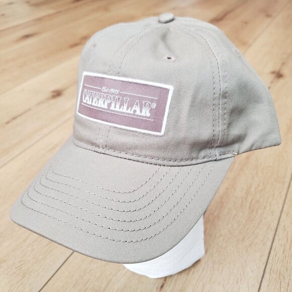 CAT Caterpillar Tan Hat Strap Back Cap Box Logo Casual Khaki Adjustable New - Picture 2 of 14